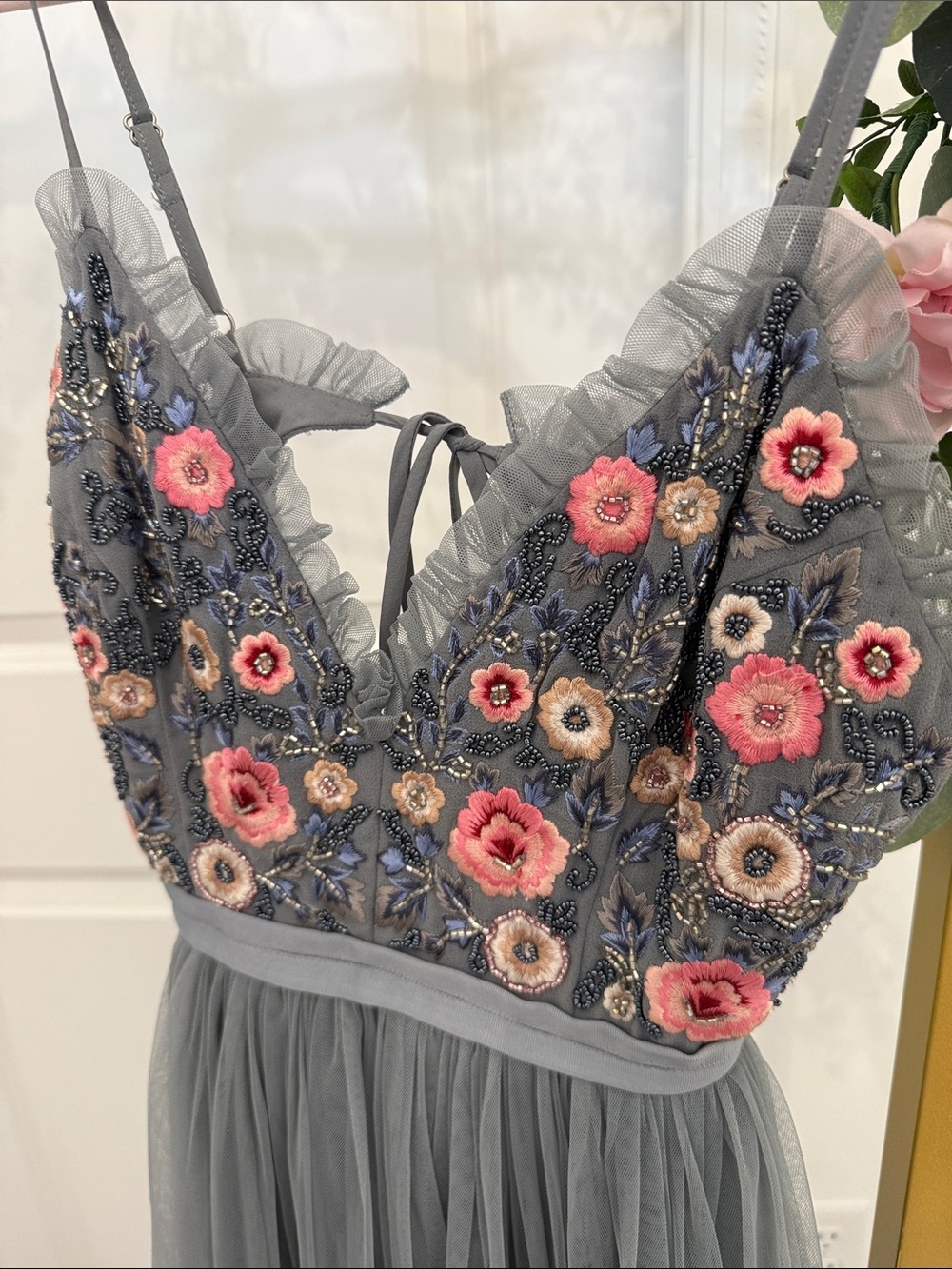 Needle & Thread Gray Tulle Dress with Pink Floral Embroidery - Picture 3 of 5